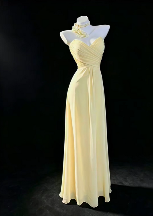 Pretty Yellow Strapless Chiffon Pleated A Line Long Prom Dress Party Gown SP2767