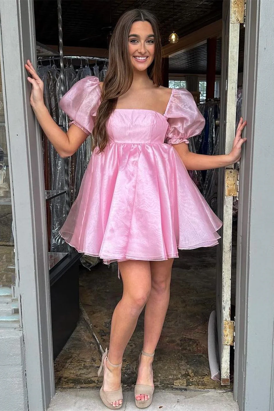 Pink Square Neck Balloon Sleeves A-Line Homecoming Dress,Y2434