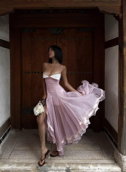 Classy Spaghetti Straps Lilac Chiffon Slit Mermaid Long Party Dress Evening Gown SP2687