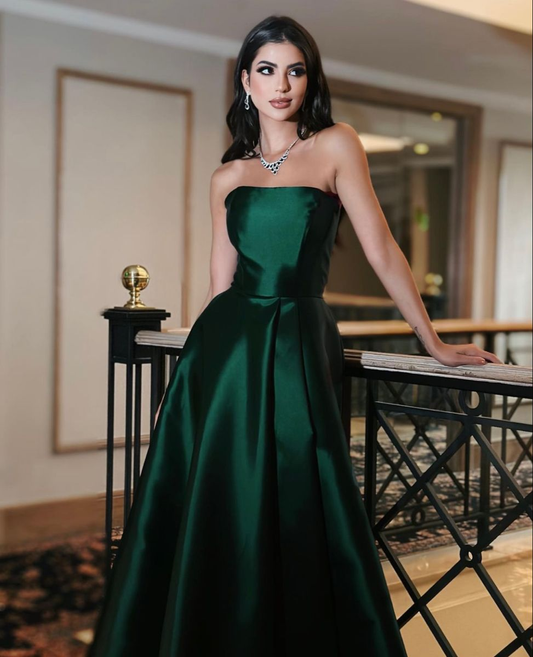 Emerald Green Strapless A-line Evening Dress,Emerald Green Satin Formal Dress Y5372