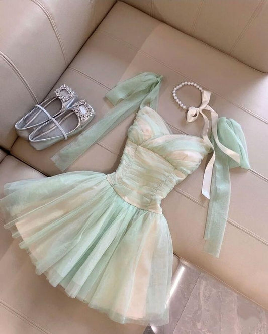 Simple Spaghetti Straps Mint Green Ruched Tulle Homecoming Dress A-Line Mini Birthday Dress SP2750