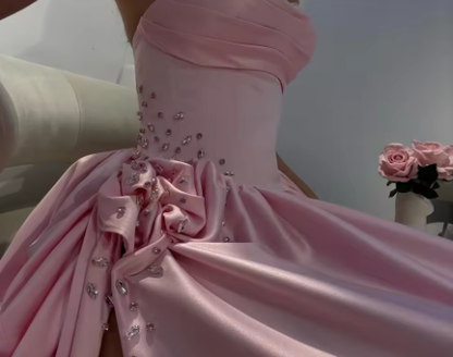 Elegant Strapless Satin Pleated Beaded Slit Party Dress Pink Formal Wedding Guest Dress SP487