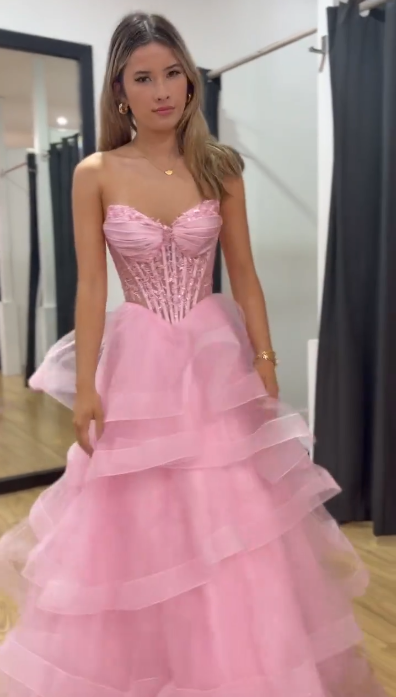 Pretty Sweetheart Tulle Layered Beaded Long Wedding Guest Dress,Pink Party Dress SP2678