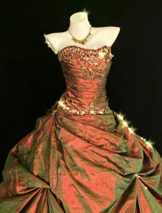 Retro Strapless Satin Pleated Beaded Ball Gown Long Birthday Party Dress SP1631
