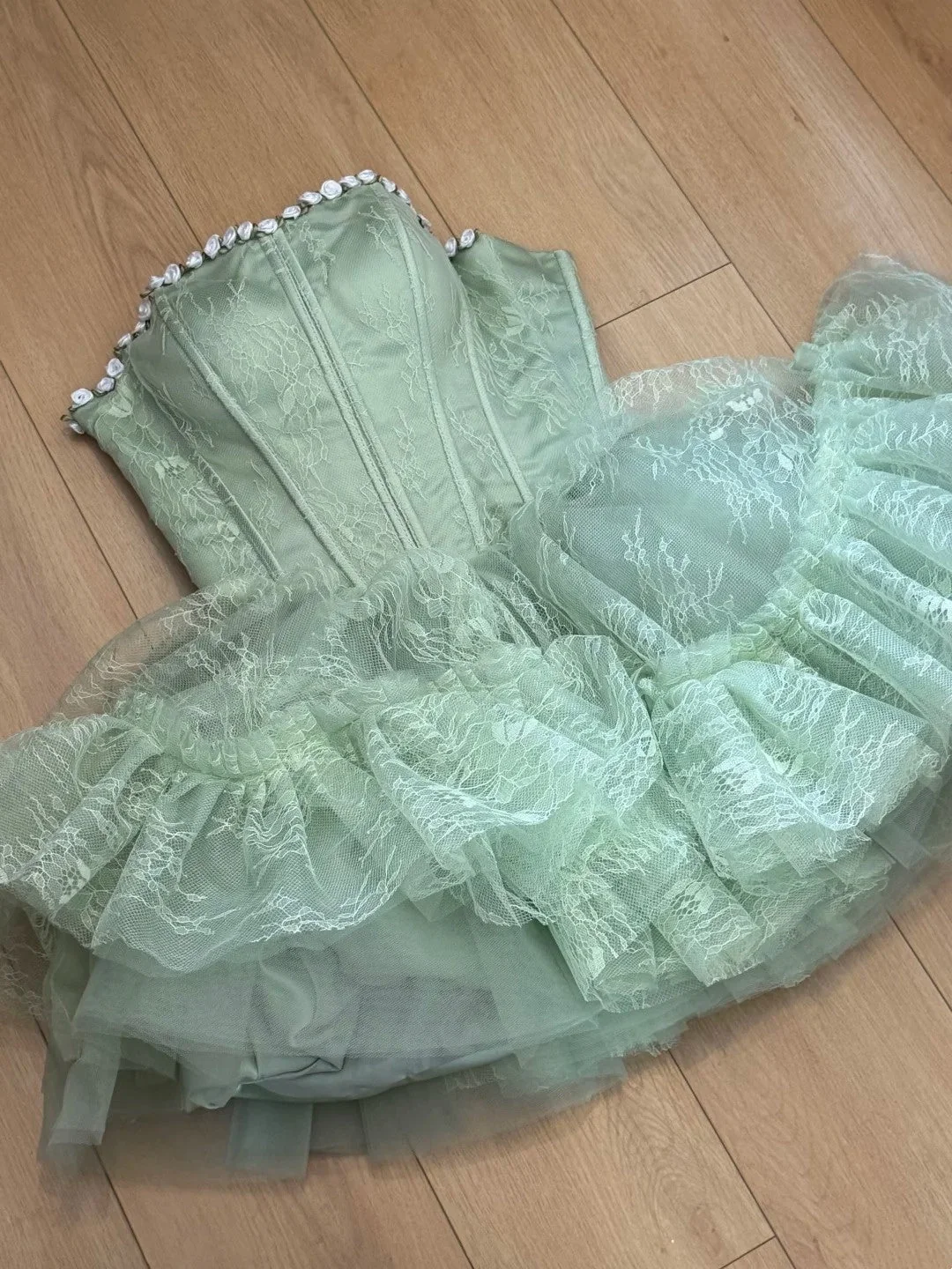 Pretty Green Lace Beaded Homecoming Dress Strapless Short Birthday Outfits SP3790