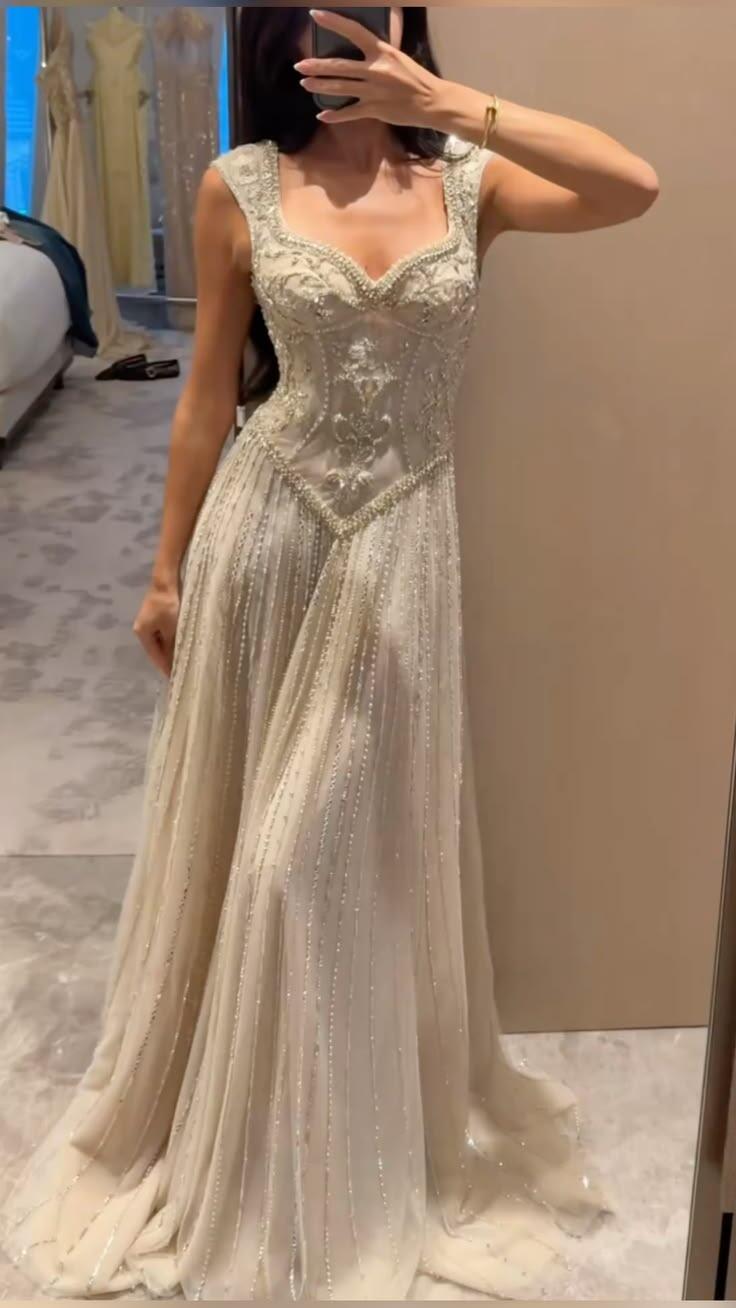 Gorgeous V Neck Tulle Beaded A Line Evening Dress Long Party Dress SP4264