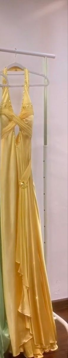 Elegant Yellow Halter Satin Beaded Prom Dress,Slit Mermaid Party Evening Dress Y8426