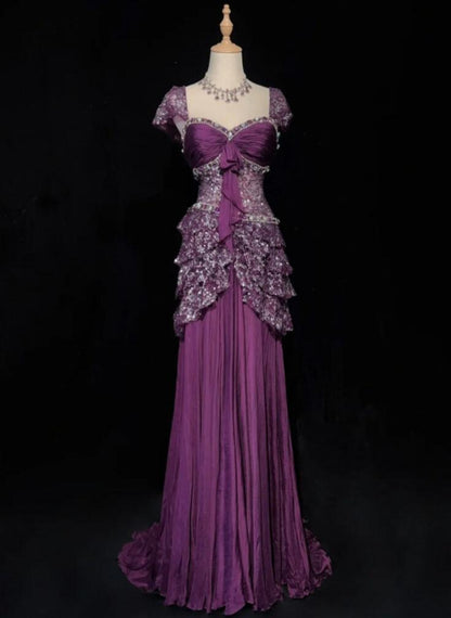 Vintage Purple Satin Sequin Beaded Mermaid Long Birthday Outfits Evening Gown SP1152