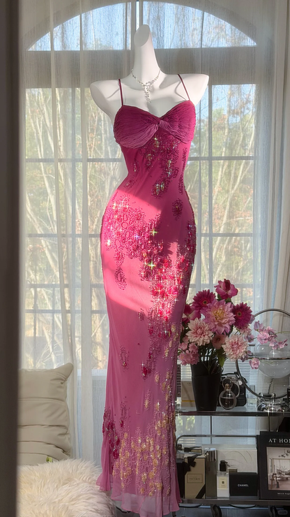 Gorgeous Spaghetti Straps Ombre Pink Sequin Beaded Mermaid Long Party Dress Evening Dress SP2181