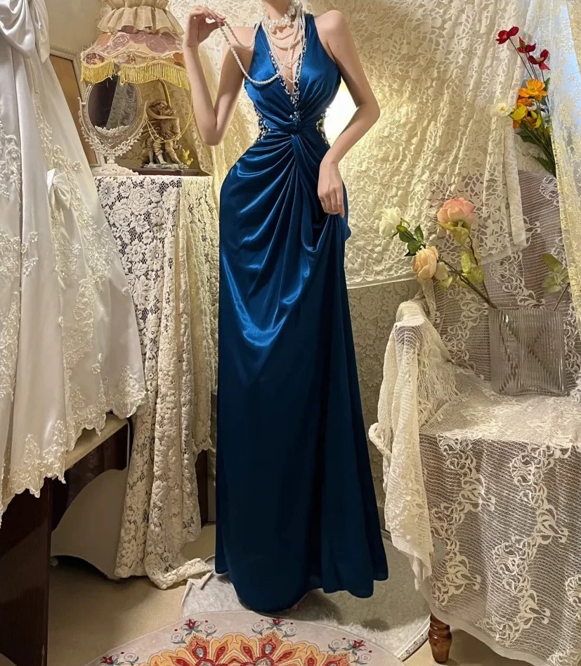 Sexy Navy Blue Halter V Neck Satin Pleated Beaded Mermaid Party Dress Long Wedding Guest Dress SP408