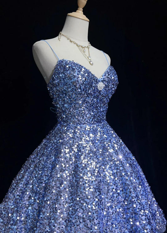 Glitter Blue Sequin A Line Short Homecoming Dress,Spaghetti Straps Mini Birthday Dress SP2918