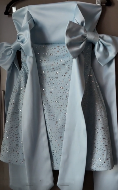 Pretty Blue Bow Straps Satin Beaded Short Homecoming Dress Birthday Outfits SP2647