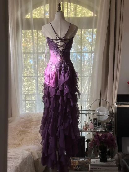Pretty Purple Chiffon Evening Dresses,  Vintage Appliques Tiered Ruffles  Long Party Dress Y8697