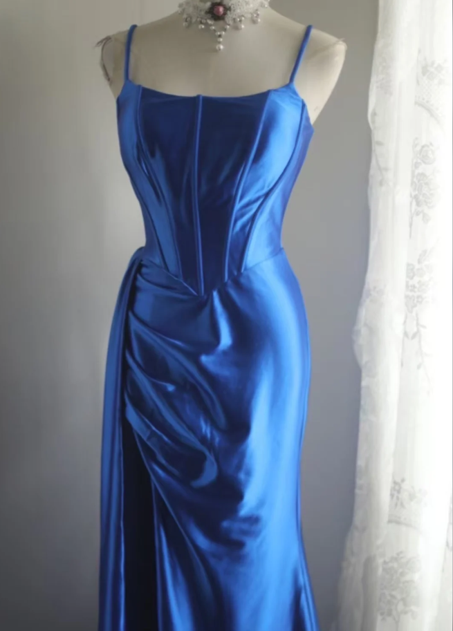 Classy Blue Spaghetti Straps Satin Pleated Mermaid Long Party Dress Birthday Prom Dresses SP1201
