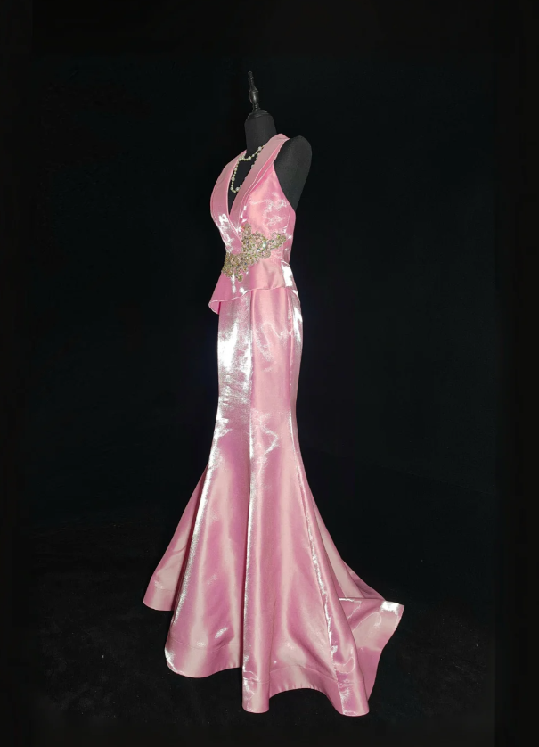 Classy V Neck Sleeveless Pink Satin Mermaid Long Evening Dress Prom Dresses SP434