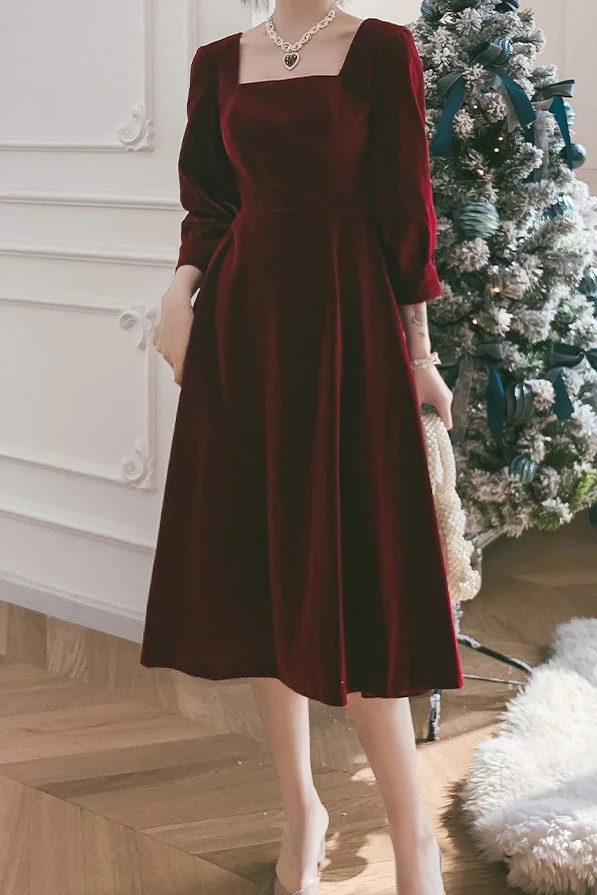 Vintage Square Neckline Tea Length Burgundy Velvet Prom Dresses Y5491