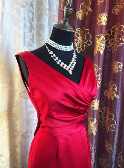 Classy Burgundy V Neck Satin Pleated Mermaid Party Dress Backless Long Birthday Prom Dress SP1949