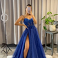 A-line Spaghetti Straps Dark Blue Long Evening Dress with Slit Y5993