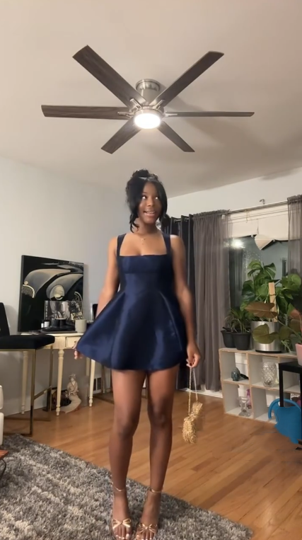 Fashion Spaghetti Straps Satin A Line Mini 16th Birthday Outfits,Navy Blue Short Graduation Homecoming Dress SP2504