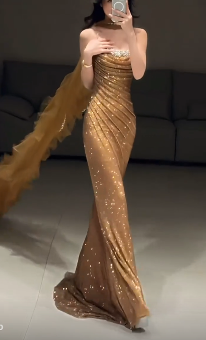 Glitter Gold Strapless Sequin Beaded Mermaid Long Party Dress Birthday Prom Dress SP1750