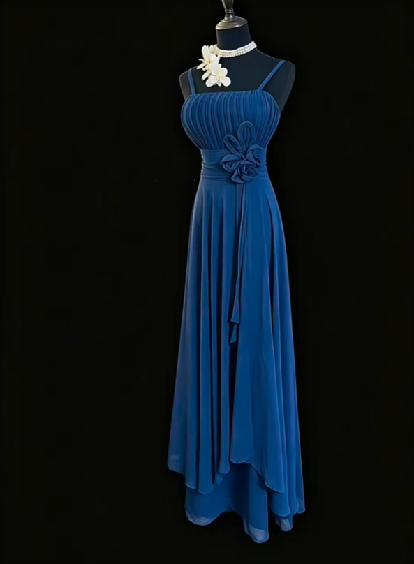 Classy Spaghetti Strap Satin Chiffon Pleated Long Wedding Guest Dress Navy Blue Party Dress SP2766