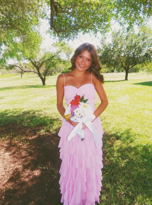 Elegant Spaghetti Straps Pink Chiffon Layered Long Party Dress Prom Gown SP3076