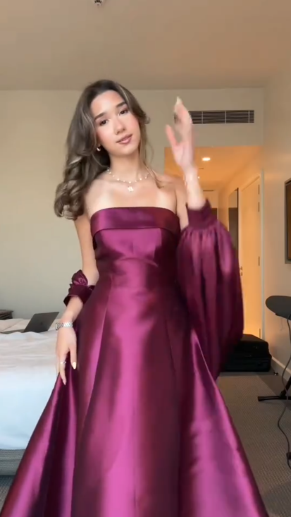 Chic Purple Strapless Satin A Line Long wedding Guest Dress Formal Birthday Party Dress SP2206