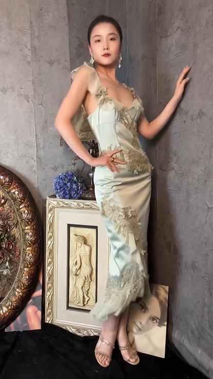 Vintage V Neck Green Satin Chiffon Appliques Beaded Ruffles Mermaid Party Dress Long Prom Gown SP1254