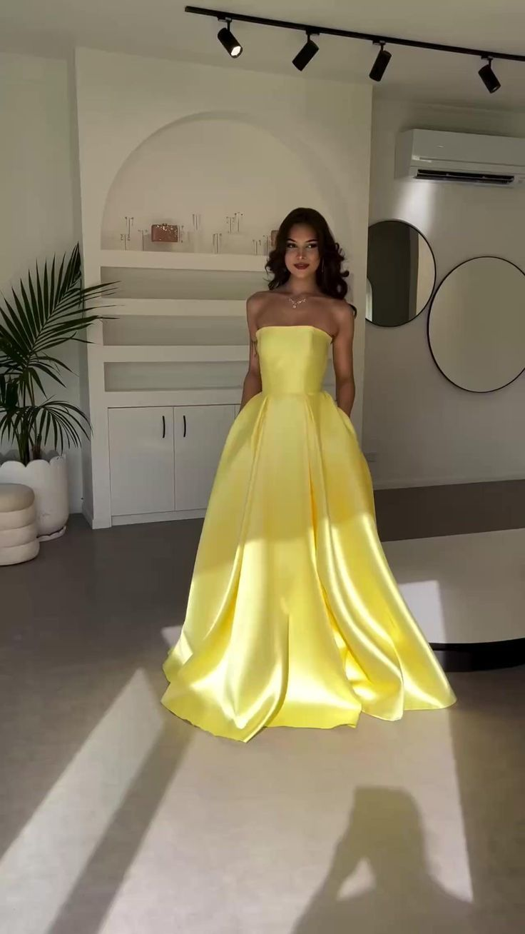 Elegant Yellow Satin Strapless A Line Prom Dress,Long Evening Gown With Pockets Y8469