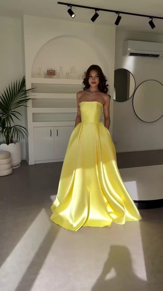Elegant Yellow Satin Strapless A Line Prom Dress,Long Evening Gown With Pockets Y8469