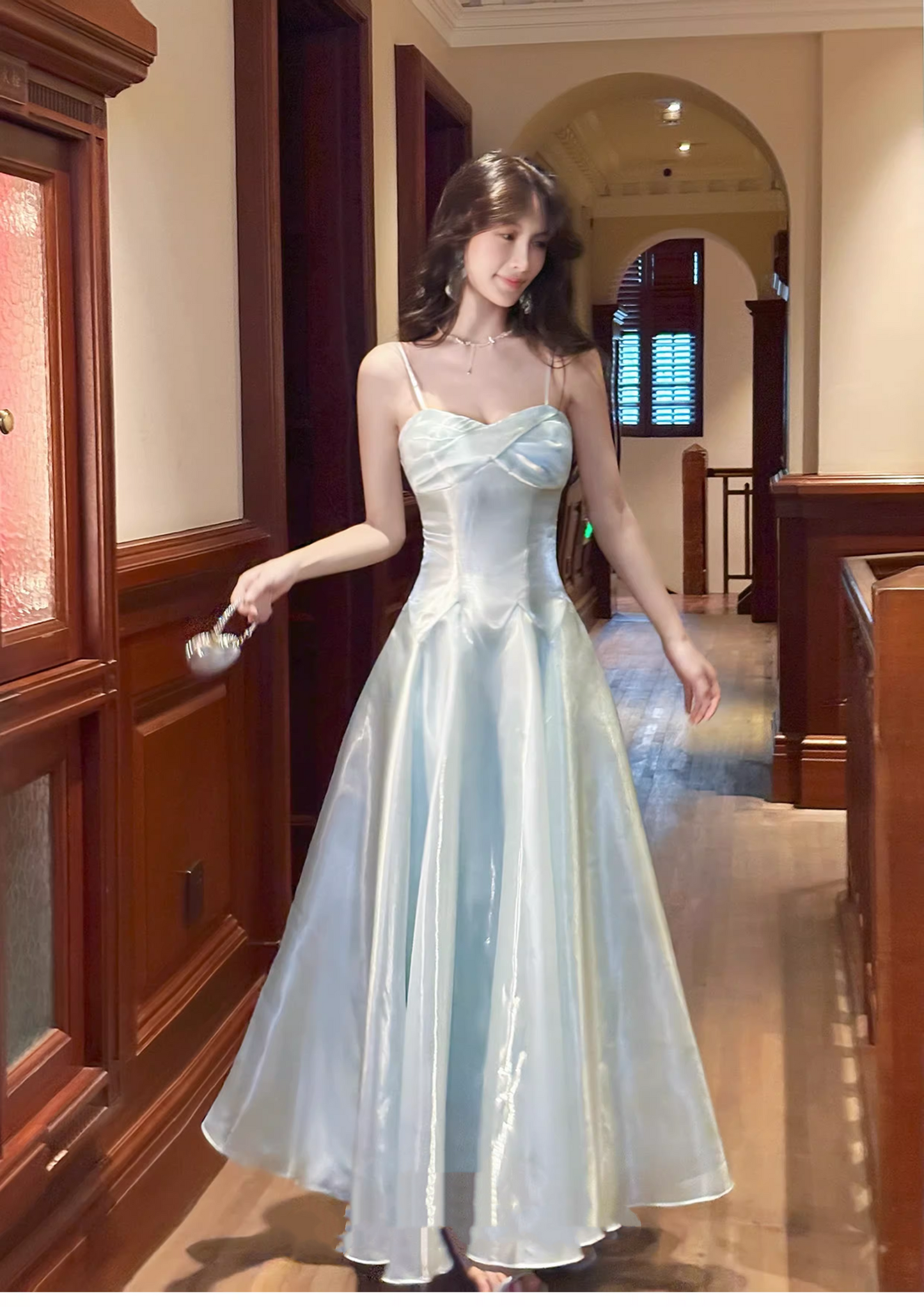Shiny Blue Organza A Line Long Birthday Party Dress 20th Birthday Outfits SP2012