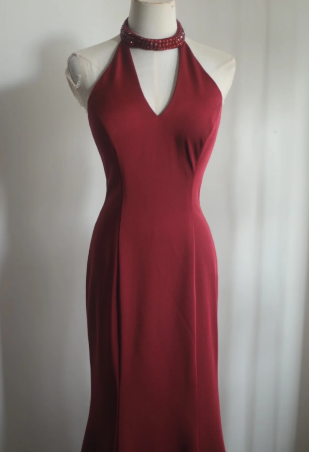 Pretty Halter Red Satin Beaded Mermaid Evening Dress Long Wedding Guest Dress SP1249