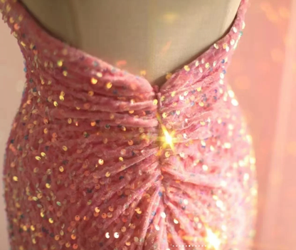 Shiny One Shoulder Pink Sequin Mermaid Evening Dress Long Wedding Guest Dress SP1171