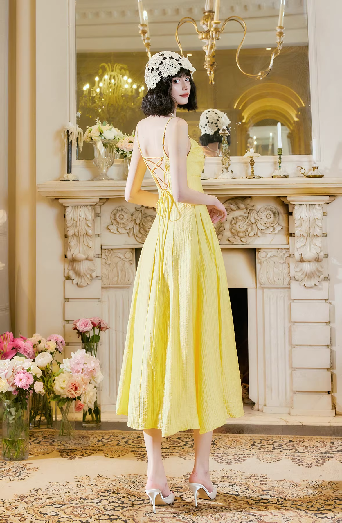 Sweet Spaghetti Straps Yellow Satin A Line Long Party Dress Prom Gowns SP2015
