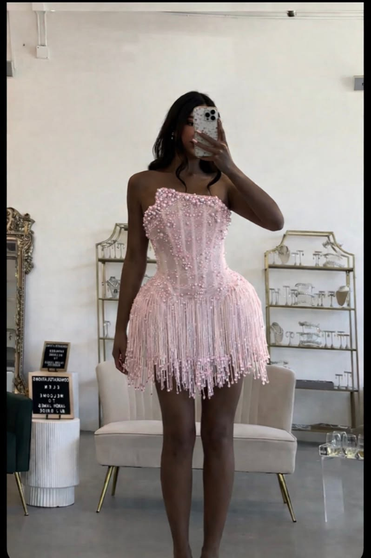 Elegant Strapless Pink Lace Beaded Sheath Short Homecoming Dress,Formal 17th Birthday Outfits With Tassel SP2823