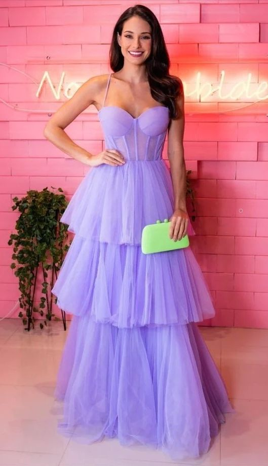 A-line Lavender Tulle Tiered Prom Dress Long with Layers Y5356
