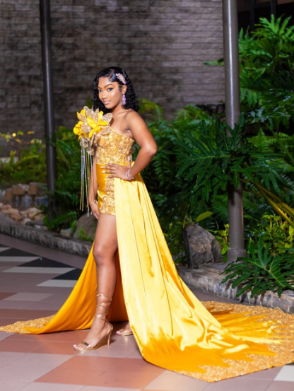 Gorgeous Yellow One Shoulder Satin Sequin 3D Floral Long Party Dress Evening Dress SP3176