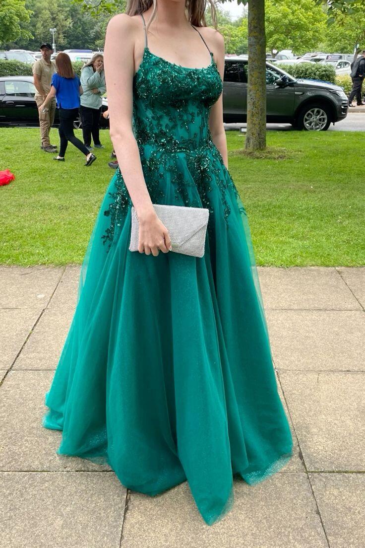 Fashion Green Tulle Appliques Long Party Dress Spaghetti Straps Long Wedding Guest Dress SP4252