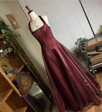 Vintage Burgundy Satin Beaded A Line Long Party Dress Prom Dresses SP2113