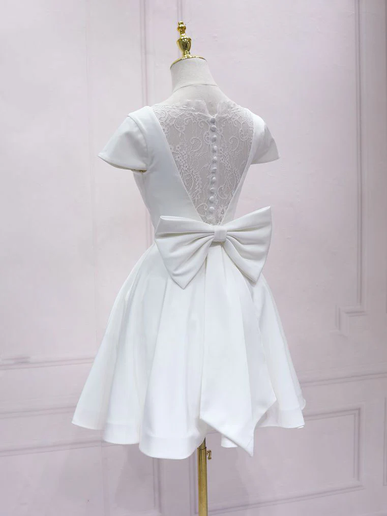 White Satin Short Homecoming Dress Lace Back s45