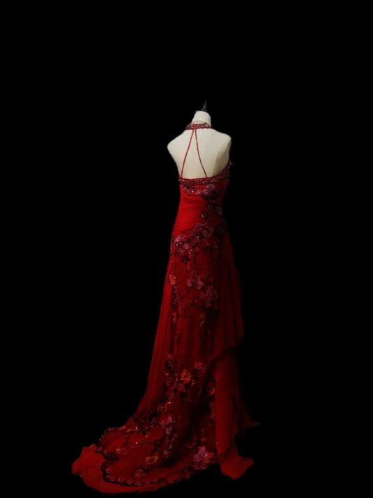 Vintage Halter Red Chiffon Beaded Lace Appliques Mermaid Evening Dress Birthday Prom Dress SP647