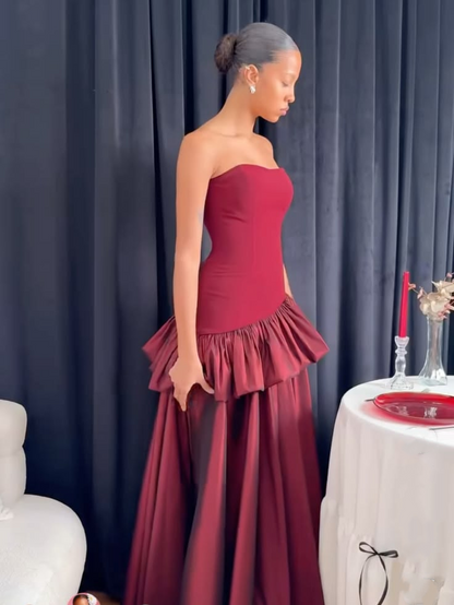 Vintage Strapless Burgundy Satin Ruffle Long Party Dress Birthday Evening Gown SP4004