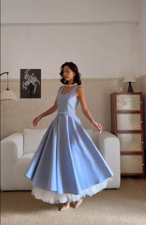Classy Blue Satin Tulle A Line Long Party Dress Birthday Prom Dresses SP2072