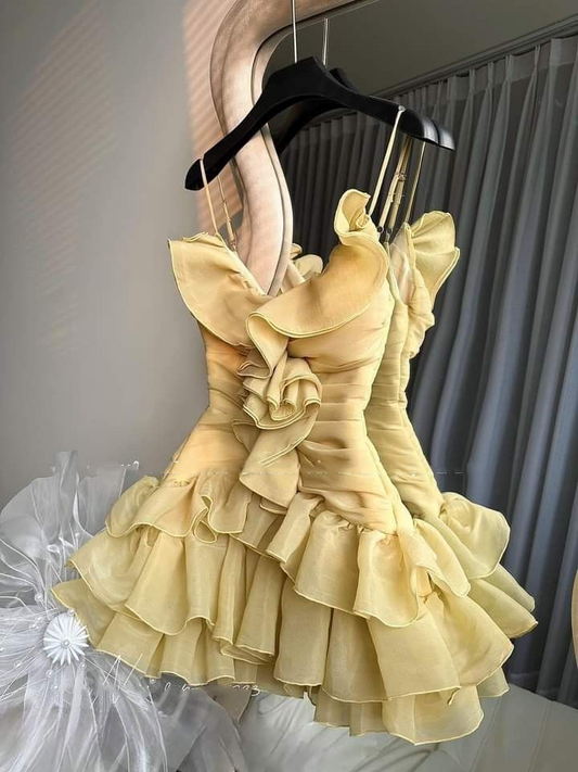 Cute Spaghetti Straps Chiffon Pleated Ruffle Short Birthday Dress,Yellow Short 7th Grade Homecoming Dress SP2843