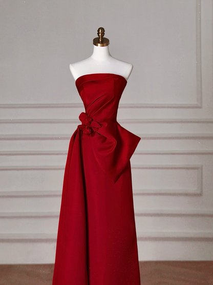 Elegant Red Satin Strapless Prom Dress,A Line Formal Evening Dress Y8624