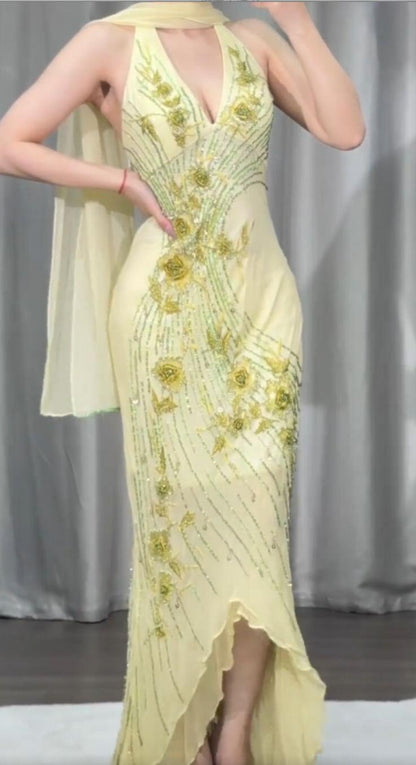 Glamorous Halter V Neck Yellow Chiffon Beaded Mermaid Long Evening Dress Prom Dress With Ribbon SP1151