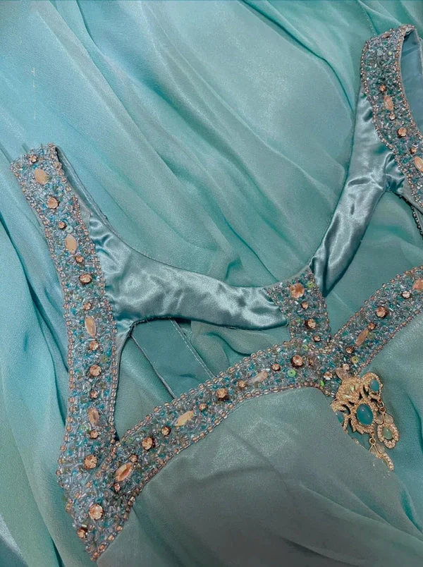 Pretty Blue Satin Chiffon Beaded Long Party Dress Prom Dress SP412