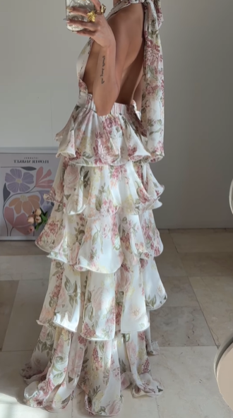 Glamorous Chiffon Print Floral A Line Backless Prom Dress,V Neck Halter Layered Evening Dress Y8501