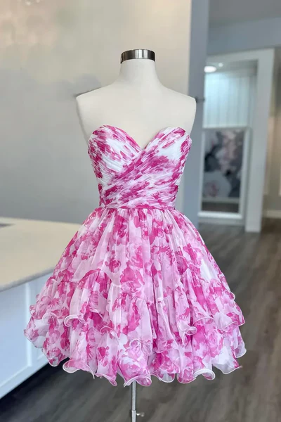 Pretty Strapless Pink Chiffon A Line Short Graduation Homecoming Dress Formal 18th Birthday Outfits Y9915