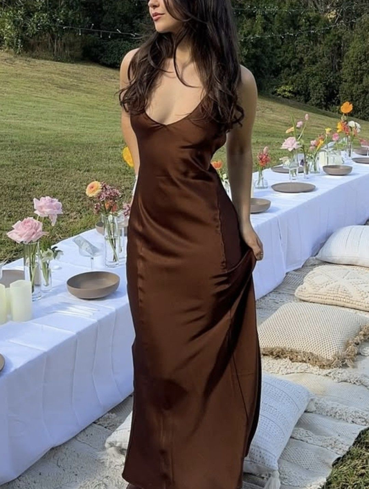 Sexy Brown V Neck Satin Long Wedding Guest Dress Formal Party Gowns SP2135